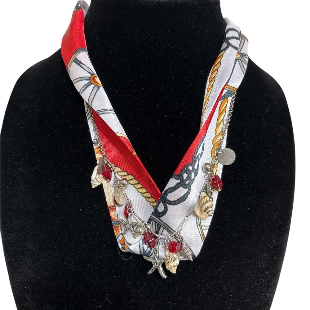 (#47) Handmade Red and White Scarf Necklace